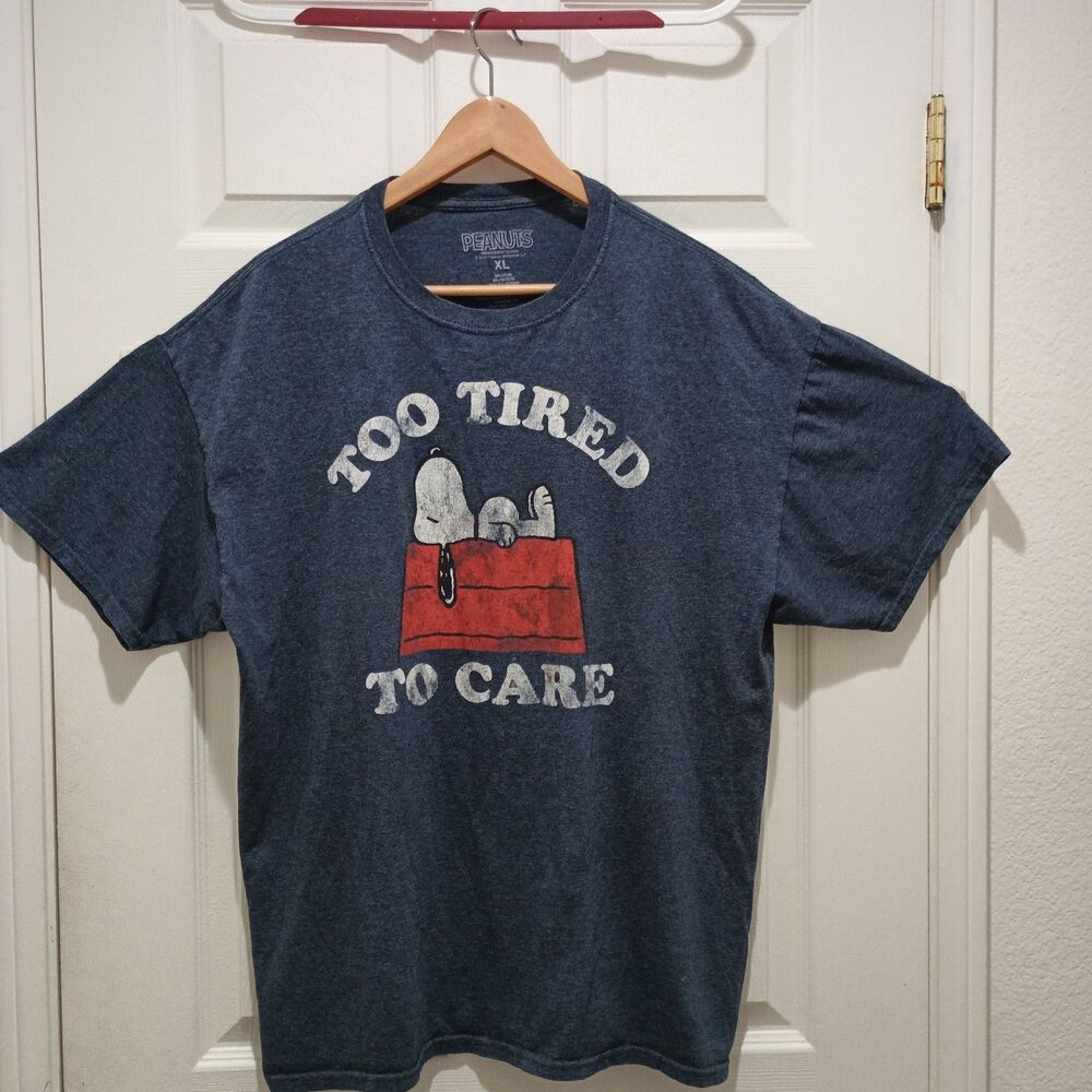Peanuts Snoopy Too Tired To Care Graphic Print Blue Men's XL Crew Neck Tee